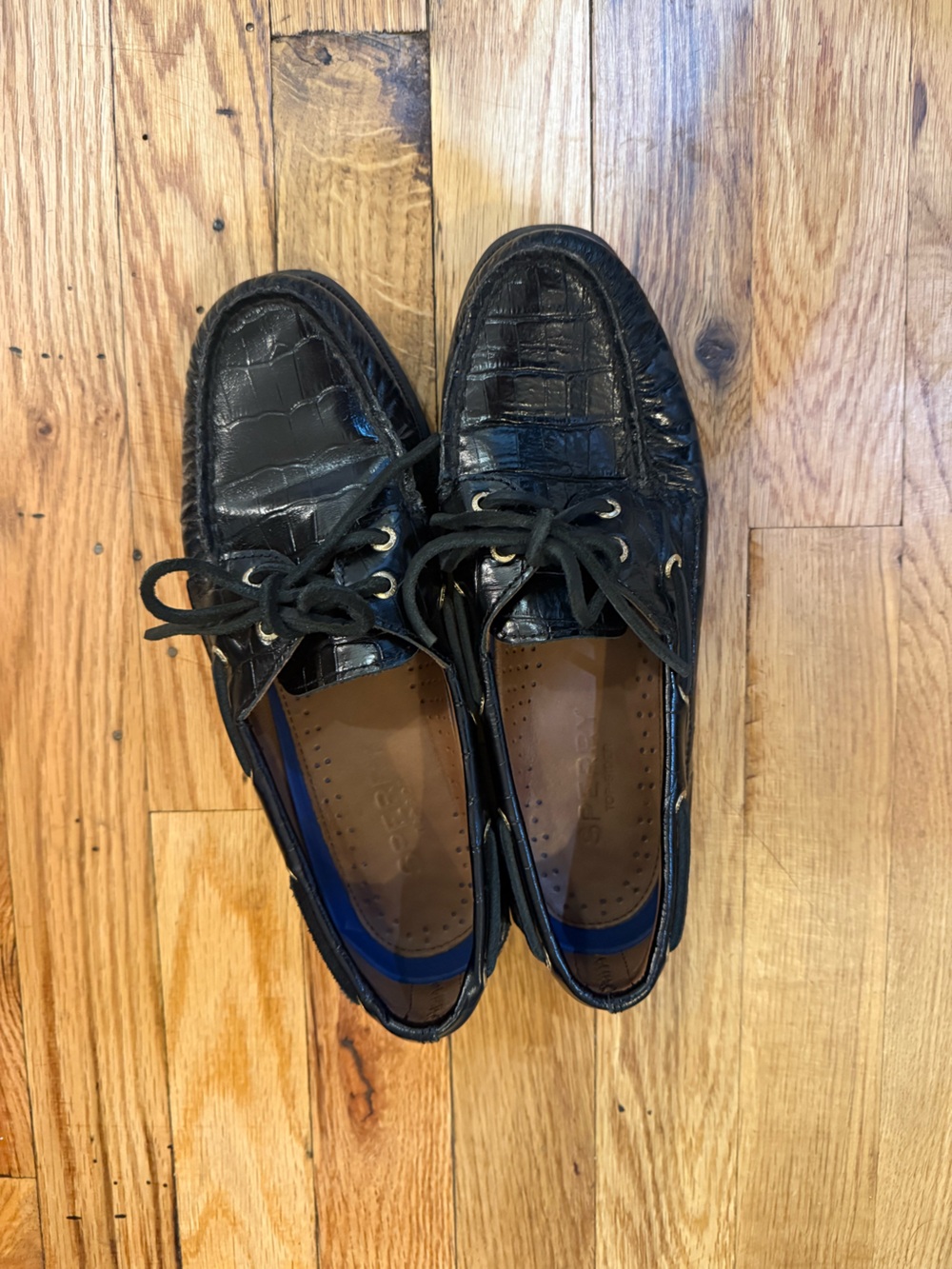 Sperry Black Croc-Embossed Leather Boat Shoes with Lace Detail